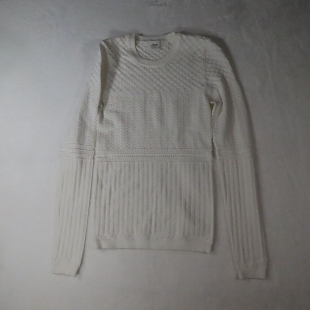 Wilfred Aritzia White Pointelle Mixed Knit Sweater Chevron Ribbed Crewneck S